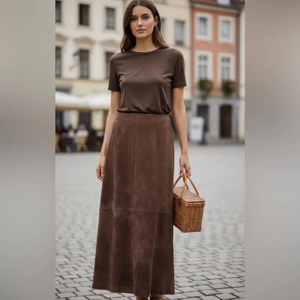 Margaret Godfrey Vintage Y2K Brown 100% Leather Suede Long Maxi Skirt Size 12